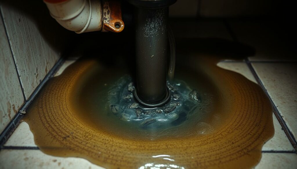 A-blocked-drain-its-dark-murky-contents-spilling-out-onto-the-tiled-floor-creating-a-puddle--1024x585 Nos conseils pour déboucher vos canalisations facilement