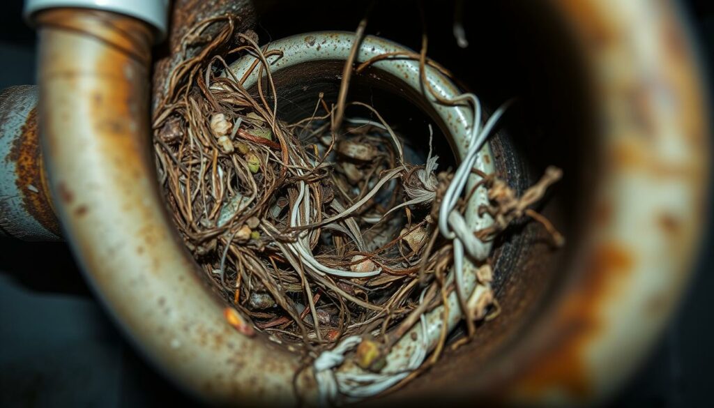 A-close-up-view-of-a-clogged-drain-revealing-a-tangled-mass-of-hair-food-debris-and-other-1024x585 Nos conseils pour déboucher vos canalisations facilement