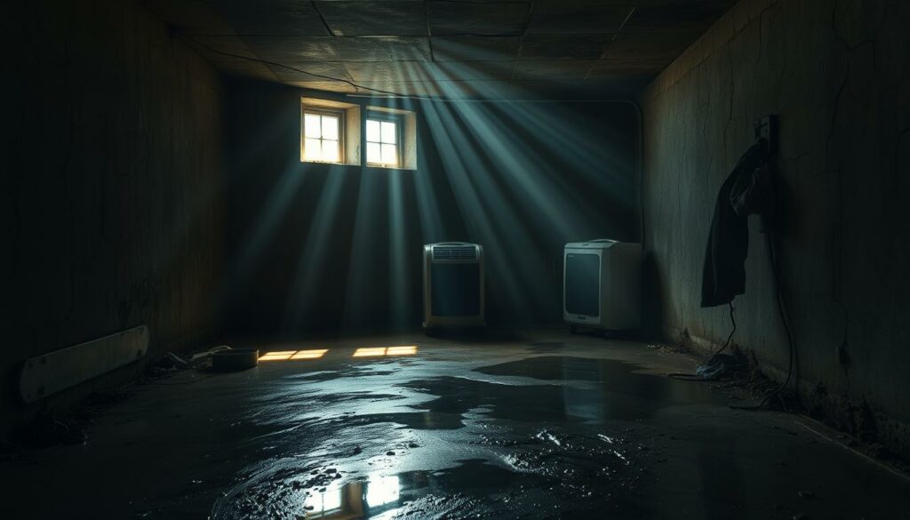 A-dimly-lit-basement-with-damp-cracked-concrete-walls-and-a-musty-humid-atmosphere.-Beams-of--1024x585 Aménager un sous-sol humide : C'est possible