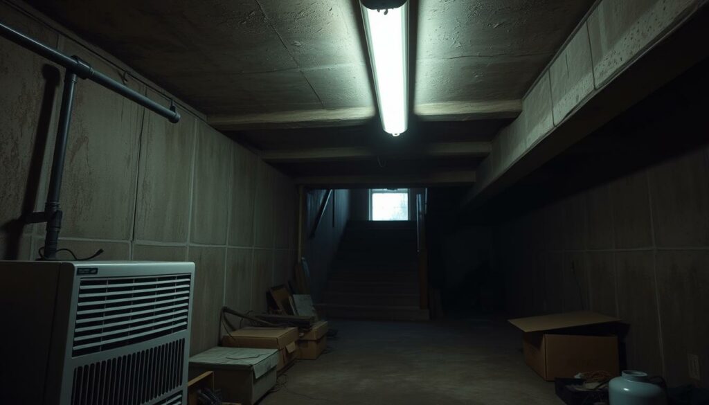 A-dimly-lit-basement-with-exposed-beams-and-a-low-concrete-ceiling.-The-walls-are-damp-and-1024x585 Aménager un sous-sol humide : C'est possible