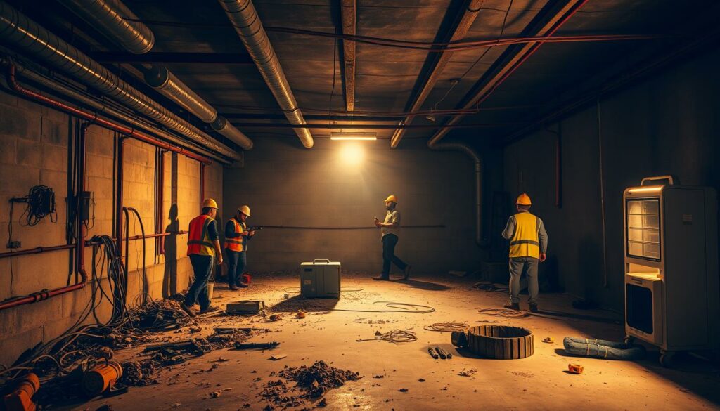 A-dimly-lit-underground-construction-site-the-concrete-floor-covered-in-tools-and-debris-1024x585 Aménager un sous-sol humide : C'est possible