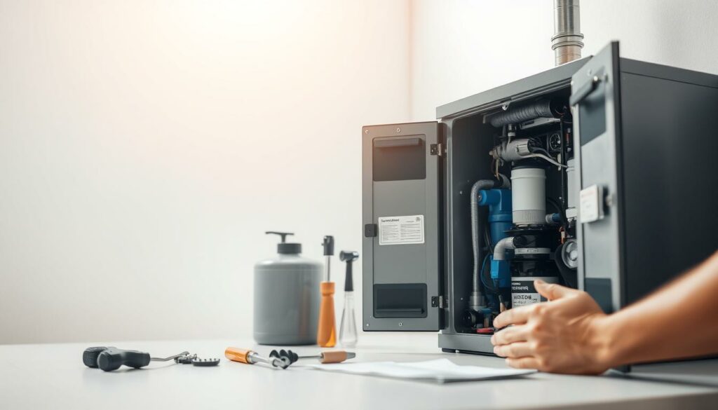 A-peaceful-scene-of-a-water-softener-undergoing-maintenance-set-against-a-bright-airy-1024x585 Comment entretenir son adoucisseur ?