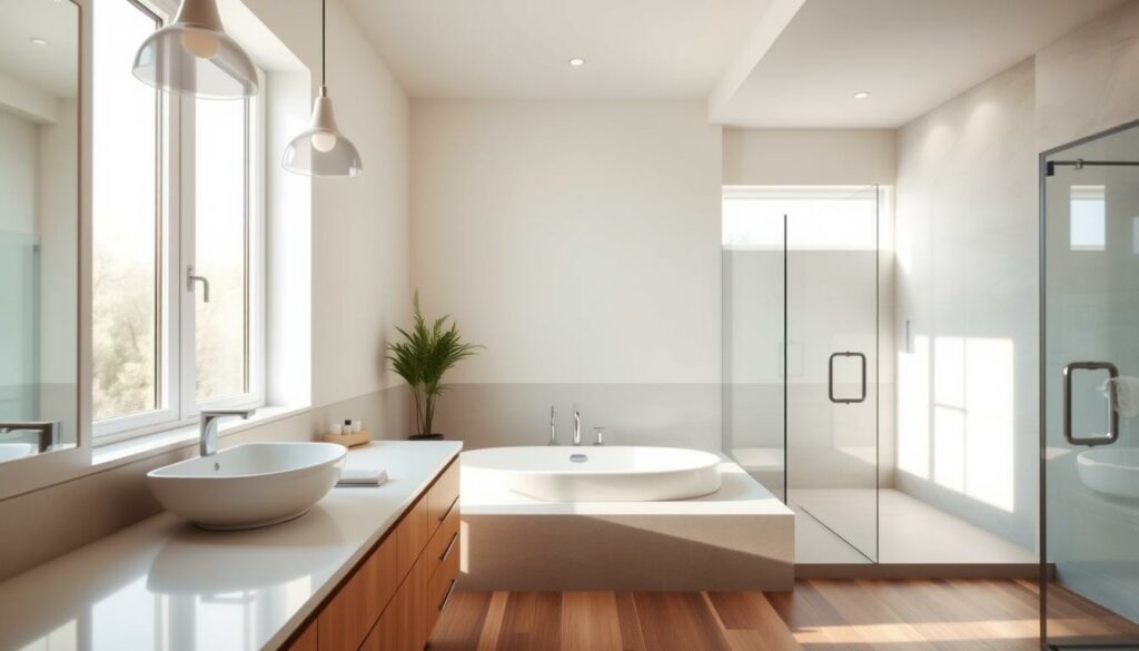A-serene-well-lit-bathroom-interior-with-clean-modern-lines.-Soft-diffused-natural-light-1024x585 10 bonnes et mauvaises idées pour aménager votre salle de bain