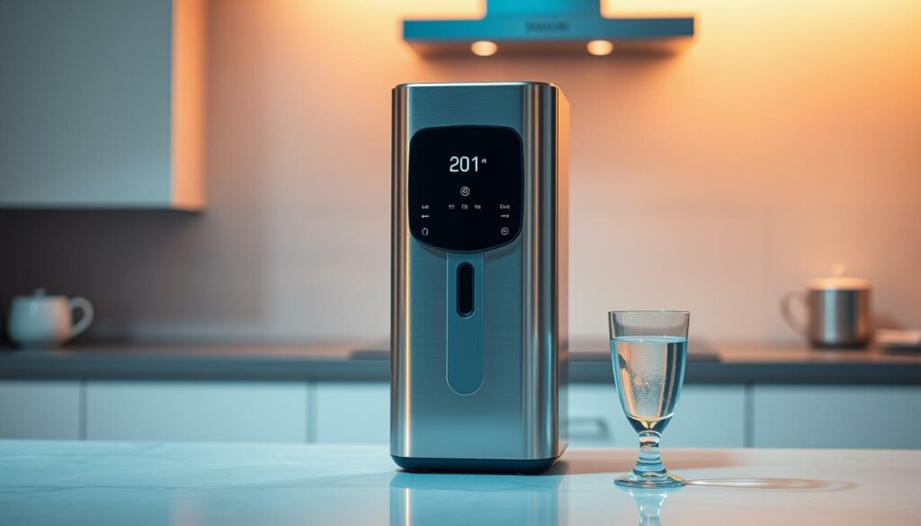A-sleek-modern-water-purifier-stands-prominently-on-a-minimalist-kitchen-counter-casting-a-1024x585 Adoucisseur d'eau et purificateur : Deux équipements différents