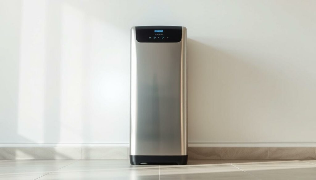 A-sleek-modern-water-softener-standing-atop-a-tile-floor-its-stainless-steel-exterior-1024x585 Adoucisseur d'eau et purificateur : Deux équipements différents