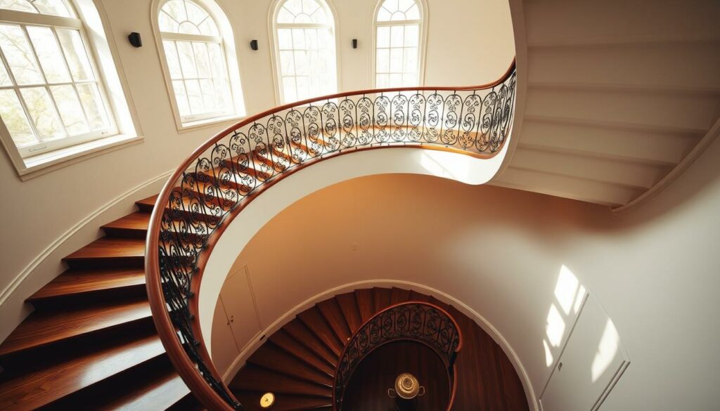 A-spiral-staircase-winding-gracefully-up-to-a-mezzanine-its-elegant-oak-treads-and-1024x585 Choisir un escalier pour sa mezzanine