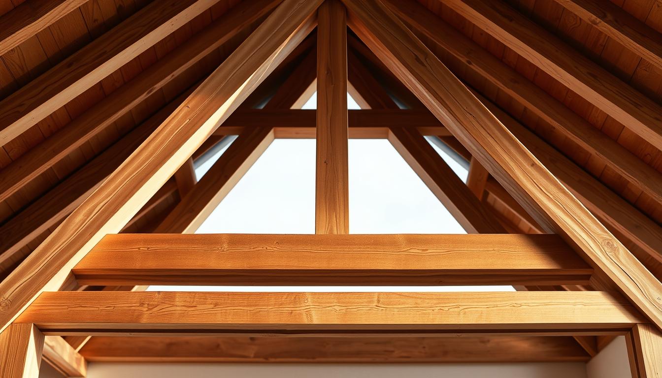 A well-lit, high-resolution image of a wooden roof truss structure, showcasing the intricate carpentry details and construction. The frame is positioned in the foreground, with a clean and unobstructed view, allowing the viewer to closely examine the craftsmanship. The background features a neutral, slightly blurred setting, emphasizing the main subject. The lighting is warm and natural, casting gentle shadows that accentuate the textures and angles of the wood. The overall composition conveys a sense of precision, quality, and the expertise required in the pricing of such a specialized carpentry project.
