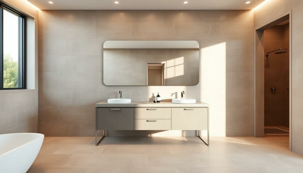 A-well-lit-modern-bathroom-with-a-large-vanity-countertop-made-of-sleek-gray-quartz.-The-1024x585 10 bonnes et mauvaises idées pour aménager votre salle de bain