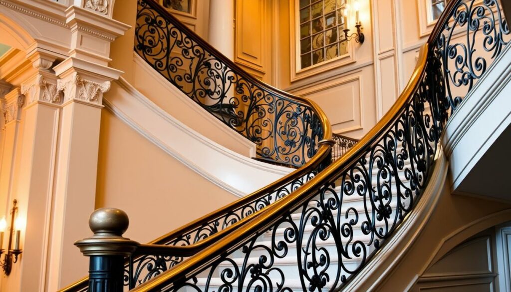 Elaborately-designed-staircase-railings-delicately-crafted-with-intricate-metalwork-winding-1024x585 La rampe d'escalier : Un projet indispensable