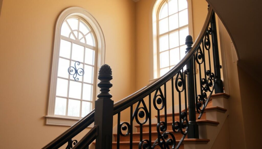 Elegant-wrought-iron-staircase-railing-with-ornate-curving-handrail-and-newel-posts.-Warm-1024x585 La rampe d'escalier : Un projet indispensable