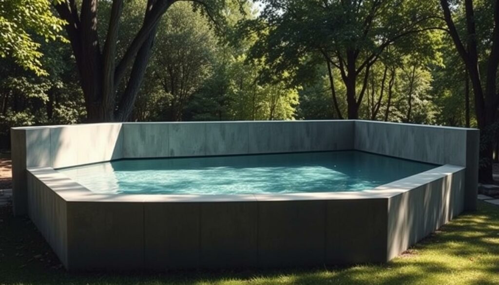 A-concrete-above-ground-swimming-pool-set-in-a-serene-outdoor-environment.-The-pools-geometric-1024x585 Piscine hors sol en béton : avantages et inconvénients