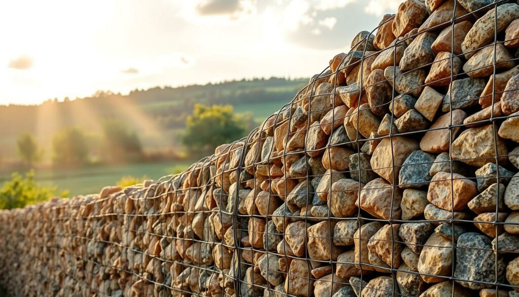 A-gabion-wall-stands-tall-its-steel-wire-mesh-encasing-natural-stones-of-varying-hues.-The-1024x585 Quel est le prix d'un mur en gabion ?