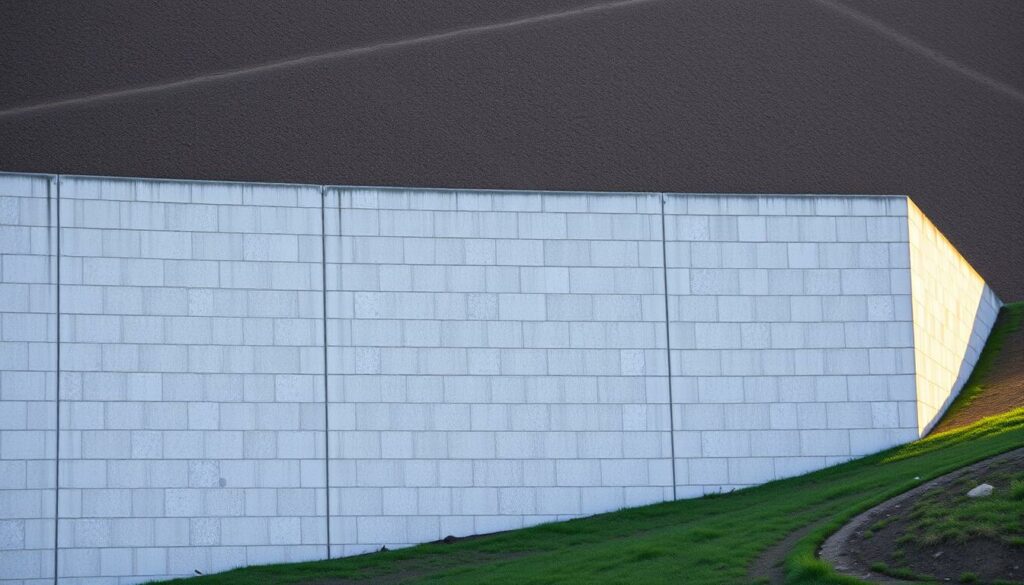 A-large-concrete-retaining-wall-stands-prominently-against-a-muted-backdrop-its-sturdy-1024x585 Pourquoi choisir le mur de soutènement en parpaing ?