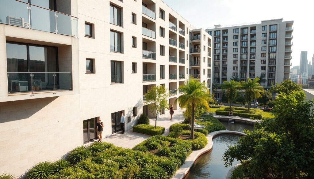 A-large-modern-apartment-building-made-of-light-colored-porous-concrete-blocks-showcasing-1024x585 Tout sur le béton cellulaire : propriétés, avantages et inconvénients
