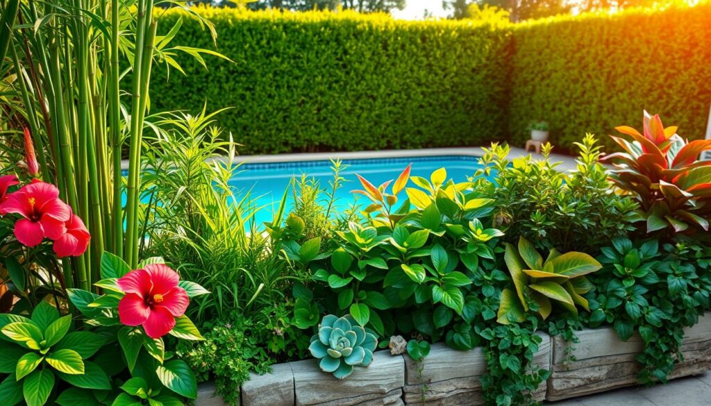 A-lush-vibrant-scene-of-plants-suitable-for-poolside-landscaping.-In-the-foreground-a-diverse-1024x585 Les meilleures plantes pour sublimer les abords de votre piscine