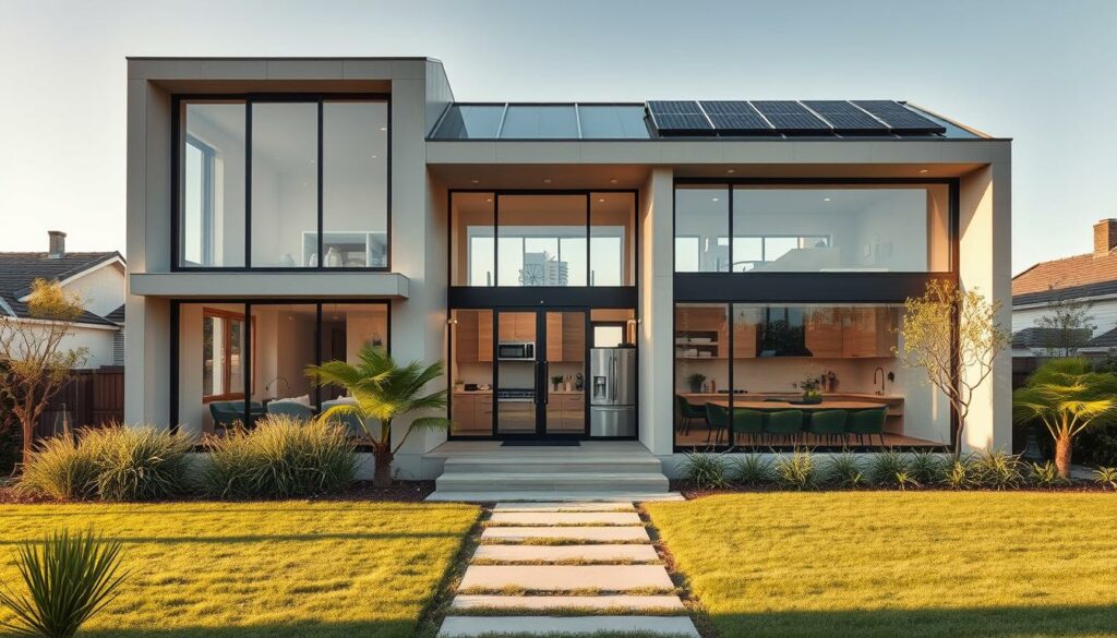 A-modern-energy-efficient-home-with-a-sleek-minimalist-design.-The-exterior-features-a-mix-of-1024x585 Rénovation énergétique : aides rabotées, fraudes encadrées, les contours d’un virage à risques