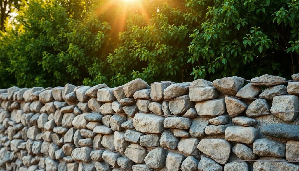 A-rugged-stone-gabion-wall-intricately-woven-with-metallic-mesh-stands-tall-against-a-1024x585 Quel est le prix d'un mur en gabion ?