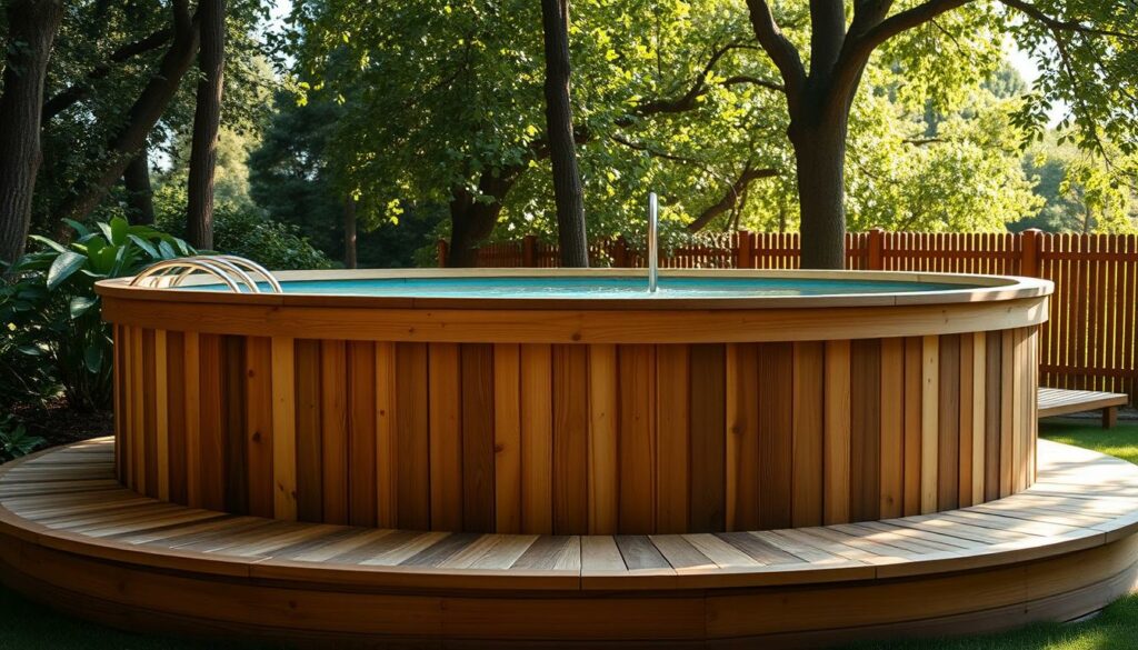 A-well-crafted-wooden-above-ground-swimming-pool-situated-in-a-lush-outdoor-setting.-The-pool-1024x585 Quel est le prix d'une piscine hors-sol en bois avec la pose ?