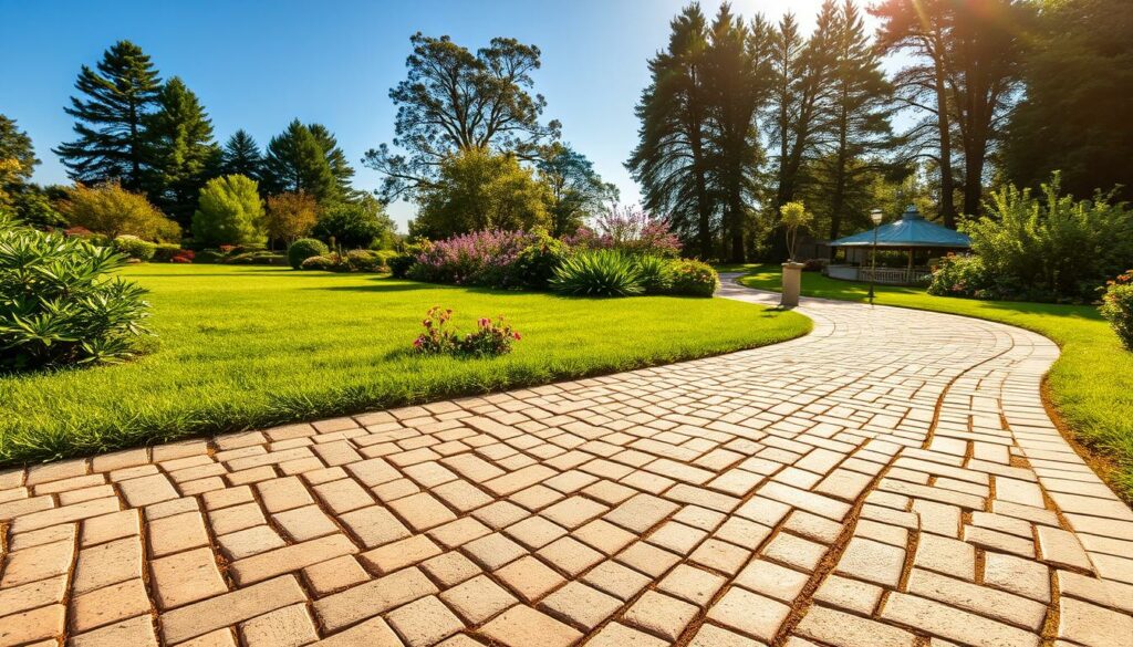 A-well-manicured-garden-path-its-surface-a-mosaic-of-neatly-arranged-natural-stone-pavers-1024x585 Prix d’installation d’une allée en pavés