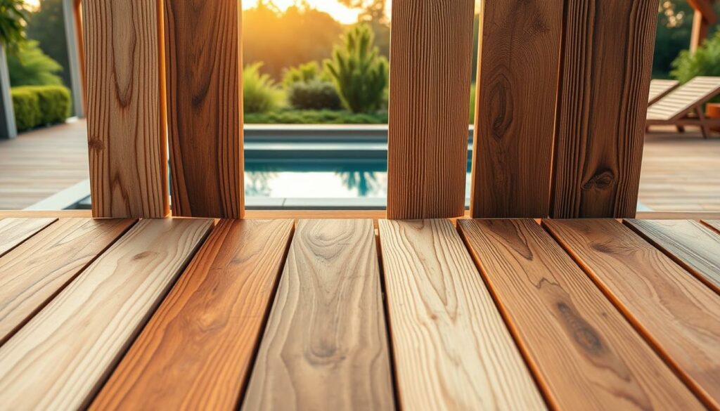 Wooden-planks-arranged-in-a-well-lit-natural-outdoor-setting-showcasing-the-diverse-grains-1024x585 Les meilleurs bois pour une terrasse de piscine : qualités et essences